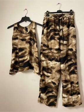 Wide Leg Pants Set - Brown Swirl Print